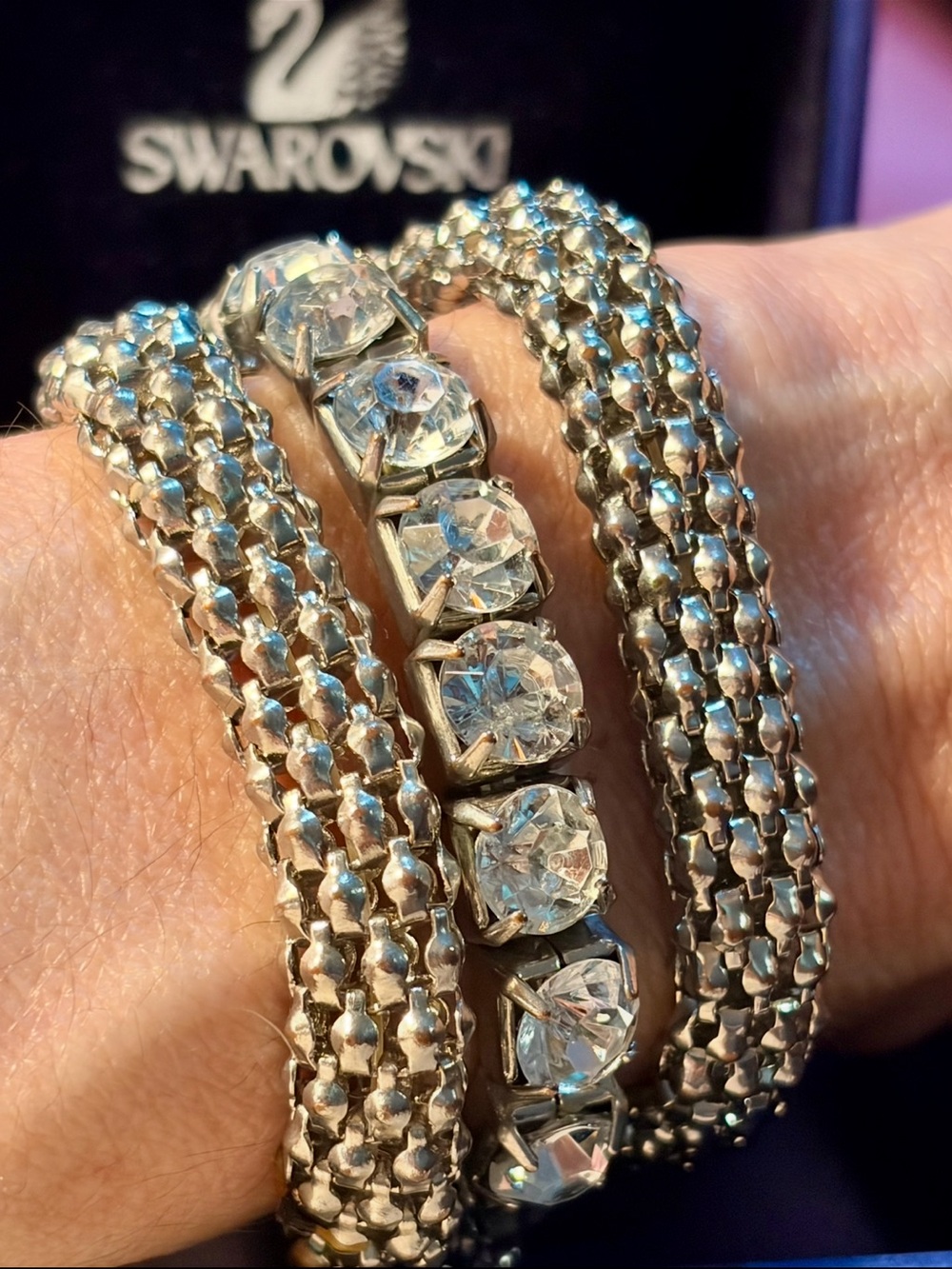 New Swarovski & Silver Triple Crystal Stretch Bracelet Intertwined Amazing Set